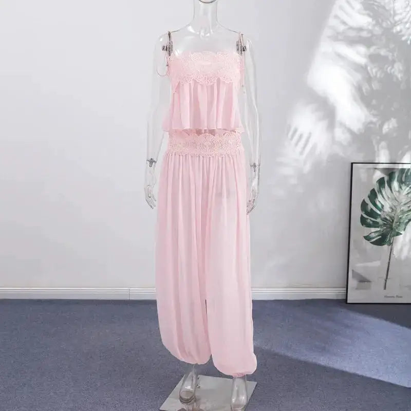 Women Pant Set Sheer Layers Spaghetti Strap Backless Lace Top Straps Solid Loose Straight Elastic Hem Fashion Beach Chic Suits by Dropshipman
