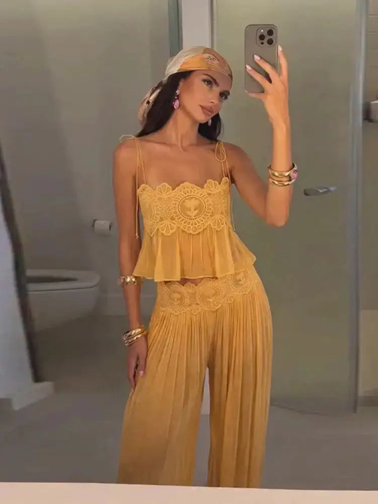 Women Pant Set Sheer Layers Spaghetti Strap Backless Lace Top Straps Solid Loose Straight Elastic Hem Fashion Beach Chic Suits by Dropshipman