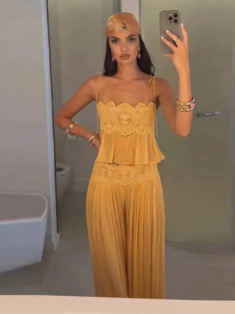 Women Pant Set Sheer Layers Spaghetti Strap Backless Lace Top Straps Solid Loose Straight Elastic Hem Fashion Beach Chic Suits by Dropshipman