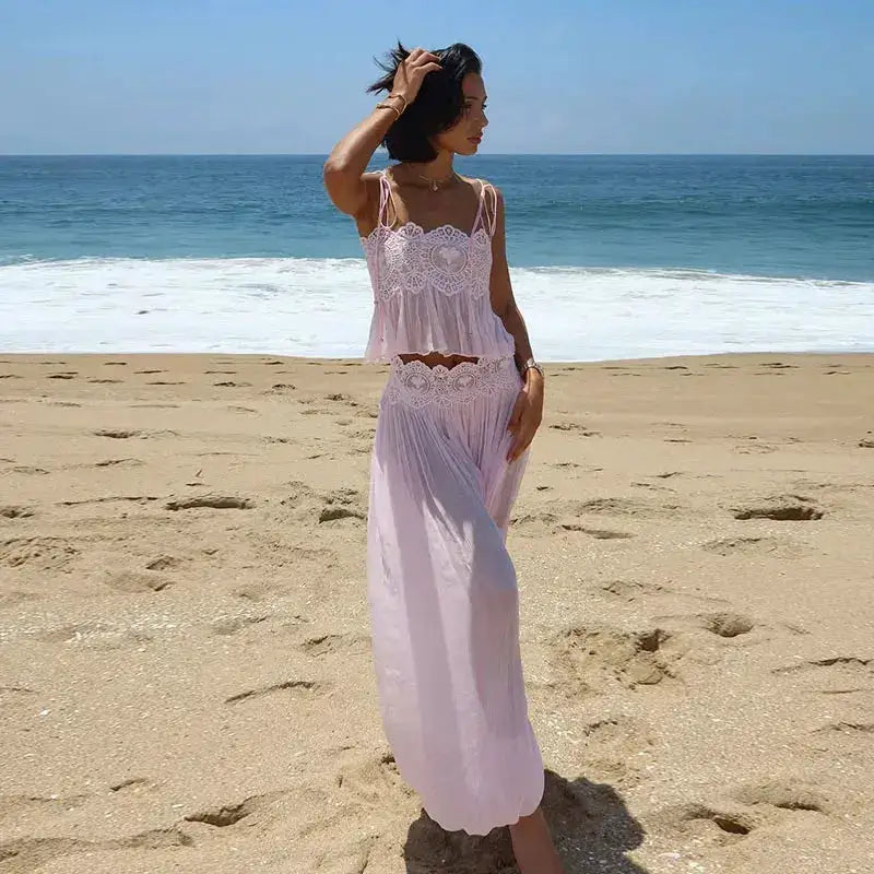 Women Pant Set Sheer Layers Spaghetti Strap Backless Lace Top Straps Solid Loose Straight Elastic Hem Fashion Beach Chic Suits by Dropshipman