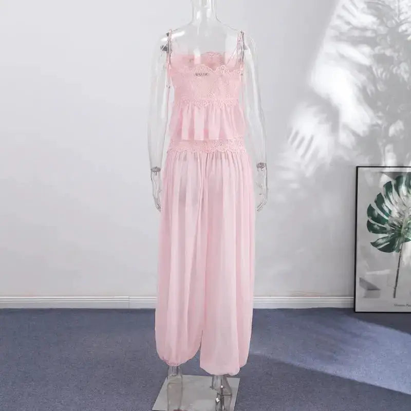Women Pant Set Sheer Layers Spaghetti Strap Backless Lace Top Straps Solid Loose Straight Elastic Hem Fashion Beach Chic Suits by Dropshipman
