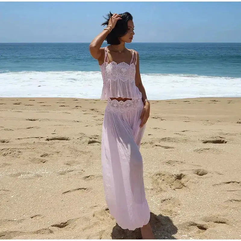 Women Pant Set Sheer Layers Spaghetti Strap Backless Lace Top Straps Solid Loose Straight Elastic Hem Fashion Beach Chic Suits by Dropshipman