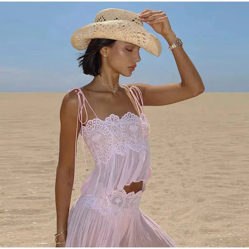 Women Pant Set Sheer Layers Spaghetti Strap Backless Lace Top Straps Solid Loose Straight Elastic Hem Fashion Beach Chic Suits by Dropshipman