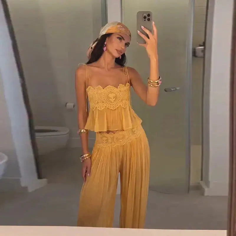 Women Pant Set Sheer Layers Spaghetti Strap Backless Lace Top Straps Solid Loose Straight Elastic Hem Fashion Beach Chic Suits by Dropshipman