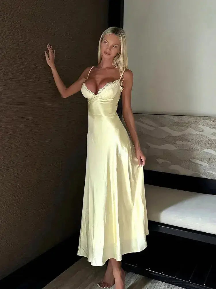 Satin Sexy Lace Spliced Maix Sling Dress Women Sleeveless Backless Yellow Vacation Vestidos 2026 Fashion Summer Lady Dresses by Dropshipman