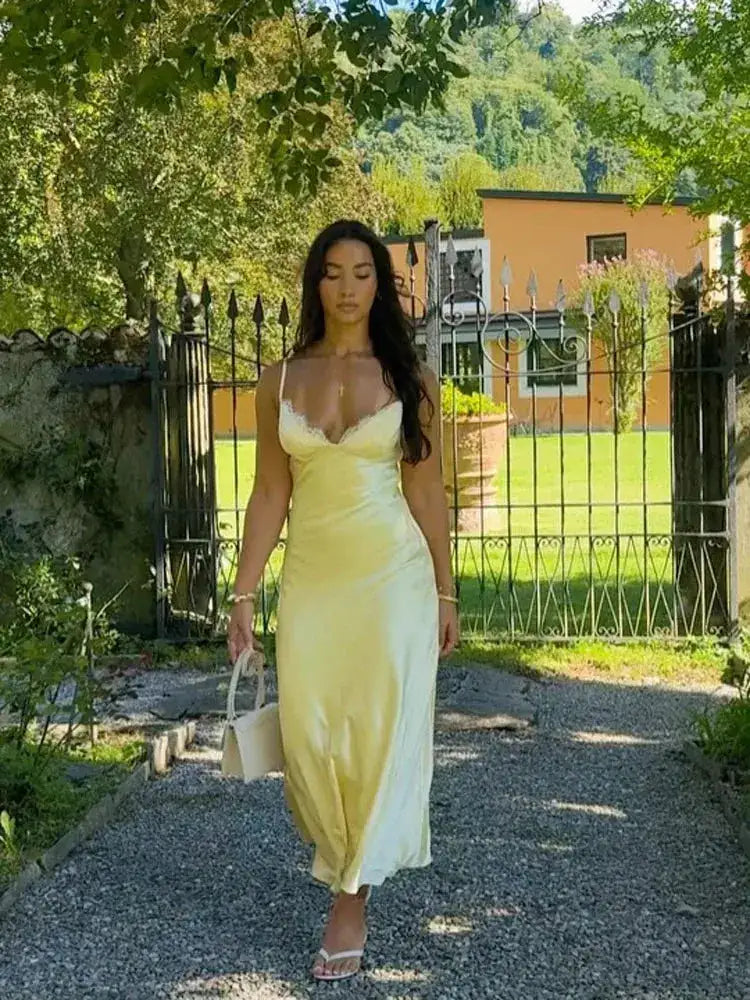 Satin Sexy Lace Spliced Maix Sling Dress Women Sleeveless Backless Yellow Vacation Vestidos 2026 Fashion Summer Lady Dresses by Dropshipman
