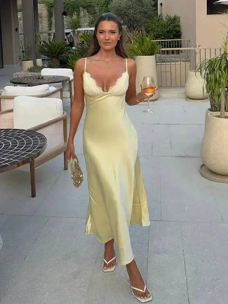 Satin Sexy Lace Spliced Maix Sling Dress Women Sleeveless Backless Yellow Vacation Vestidos 2026 Fashion Summer Lady Dresses by Dropshipman