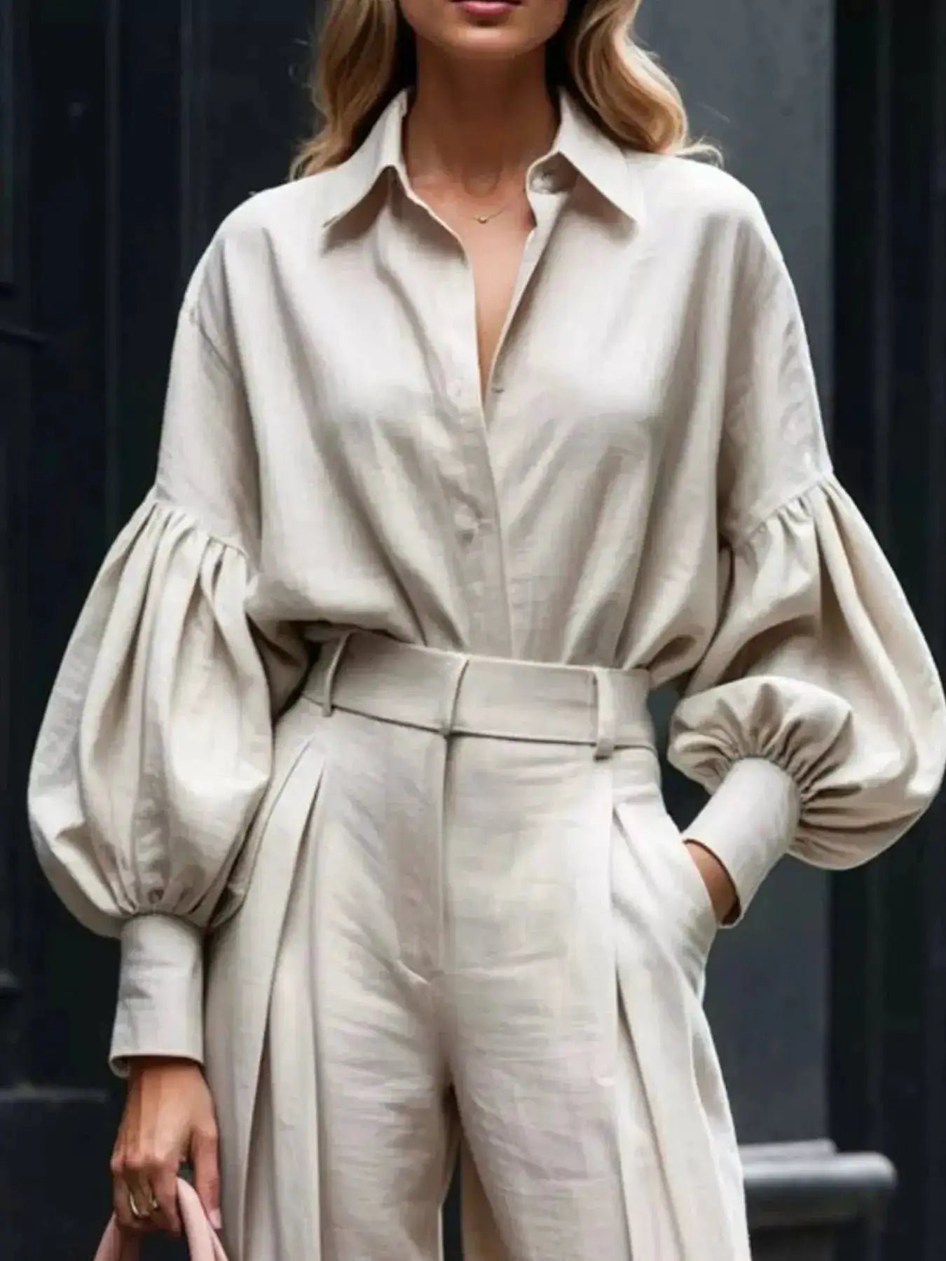 Lantern Sleeve Shirt and Wide Leg Pants Set by Trendsi