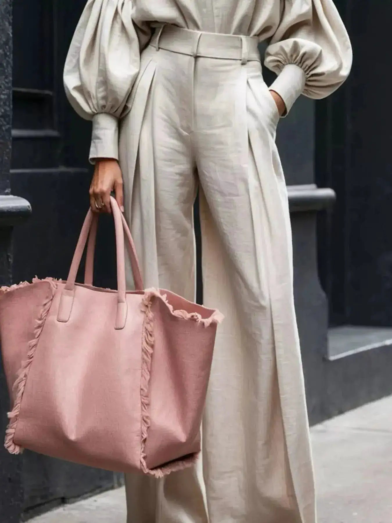 Lantern Sleeve Shirt and Wide Leg Pants Set by Trendsi