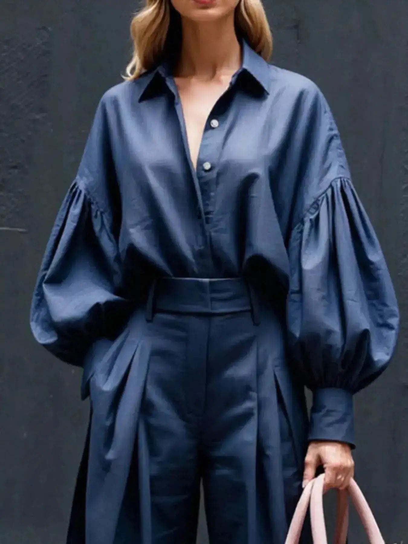 Lantern Sleeve Shirt and Wide Leg Pants Set by Trendsi