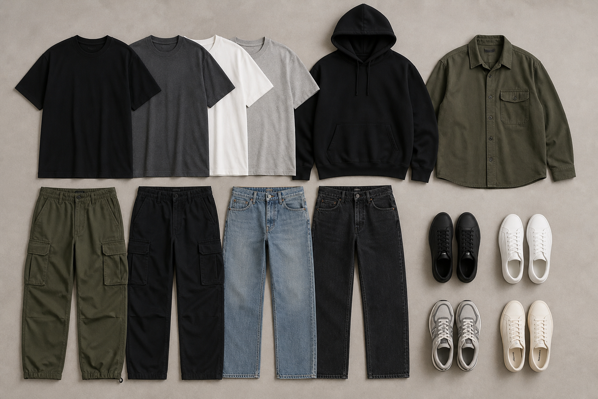 Men's streetwear essentials including t-shirts, hoodie, overshirt, cargo pants, jeans, and sneakers laid out on a neutral background