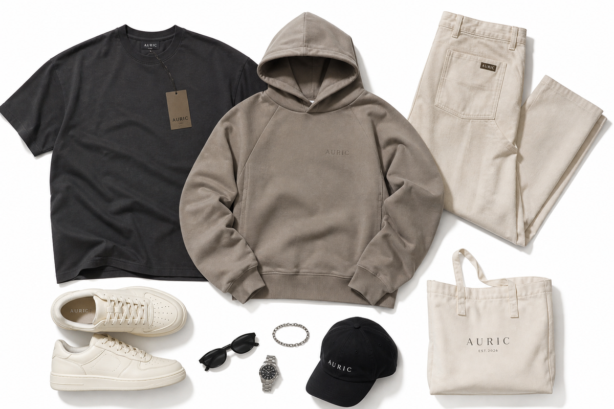 Casual streetwear outfit featuring AURIC brand essentials for best streetwear brands 2026, including hoodie and sneakers.