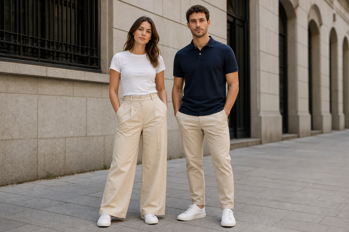 Casual outfit ideas for men and women featuring a woman in a white t-shirt and wide trousers and a man in a navy polo shirt.