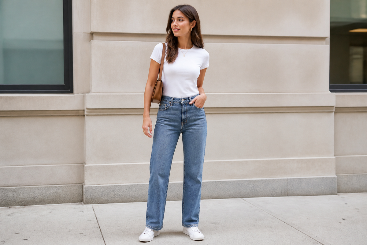 Cute outfit ideas for women: casual look with a white t-shirt and high-waisted jeans.