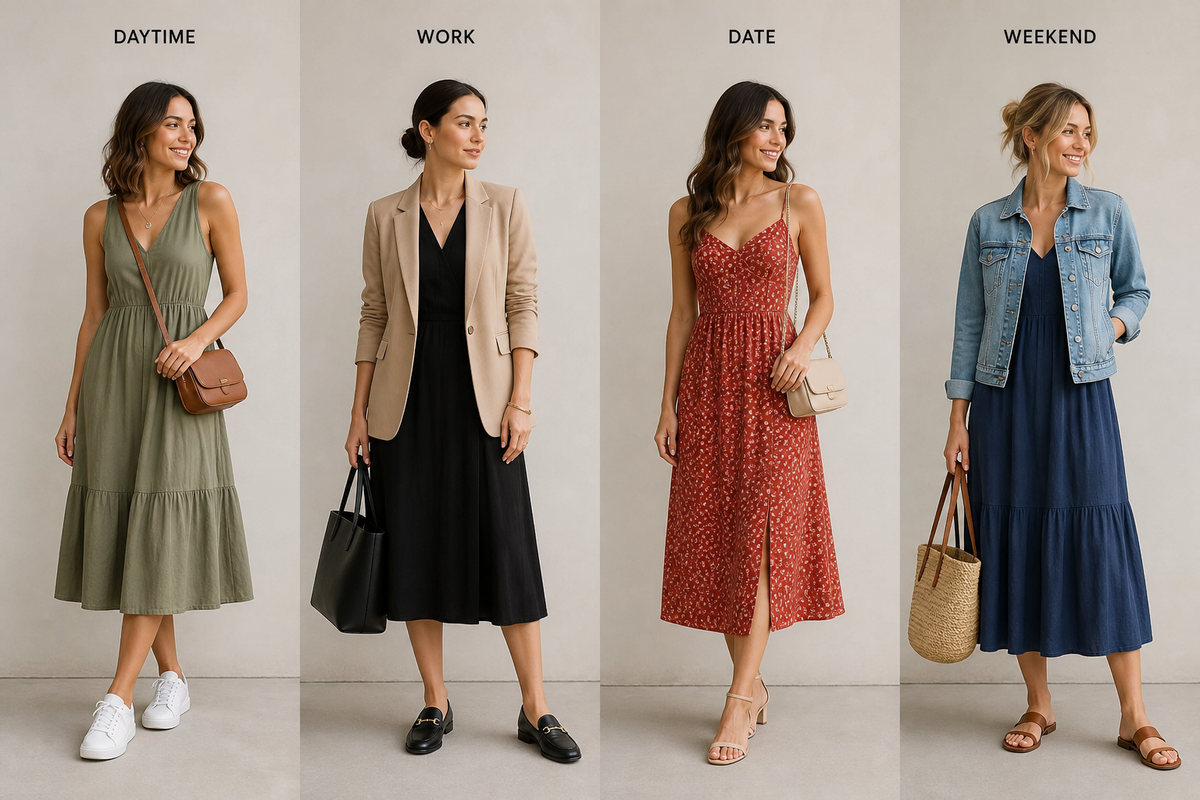 How to style a casual dress for women in daytime, work, date, and weekend looks.
