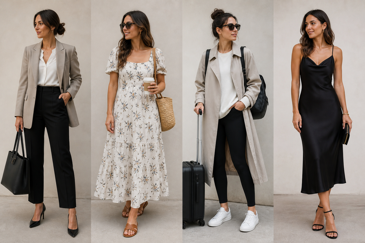 Women Outfit Ideas by Occasion: stylish looks for work, brunch, travel, and date night in a stylish collage.