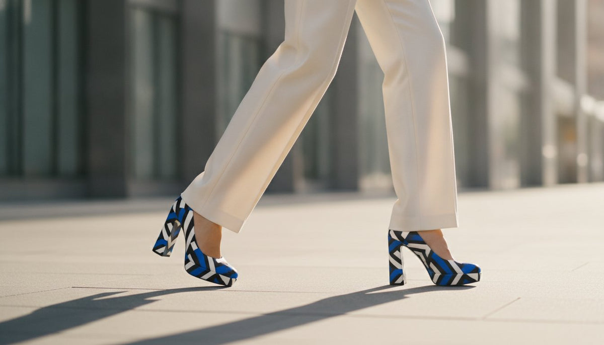 Woman walking in bold designer shoes with prints on a city sidewalk, styled with white pants.