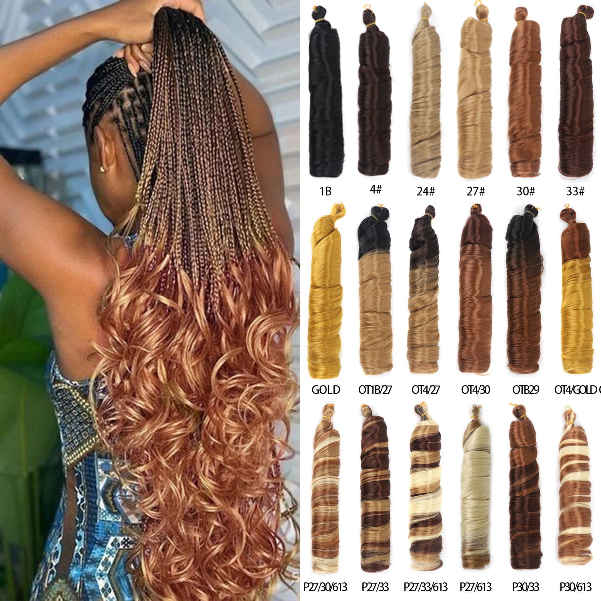 Stylish woman showcasing premium luxury hair products with vibrant braided and curled hairstyles.