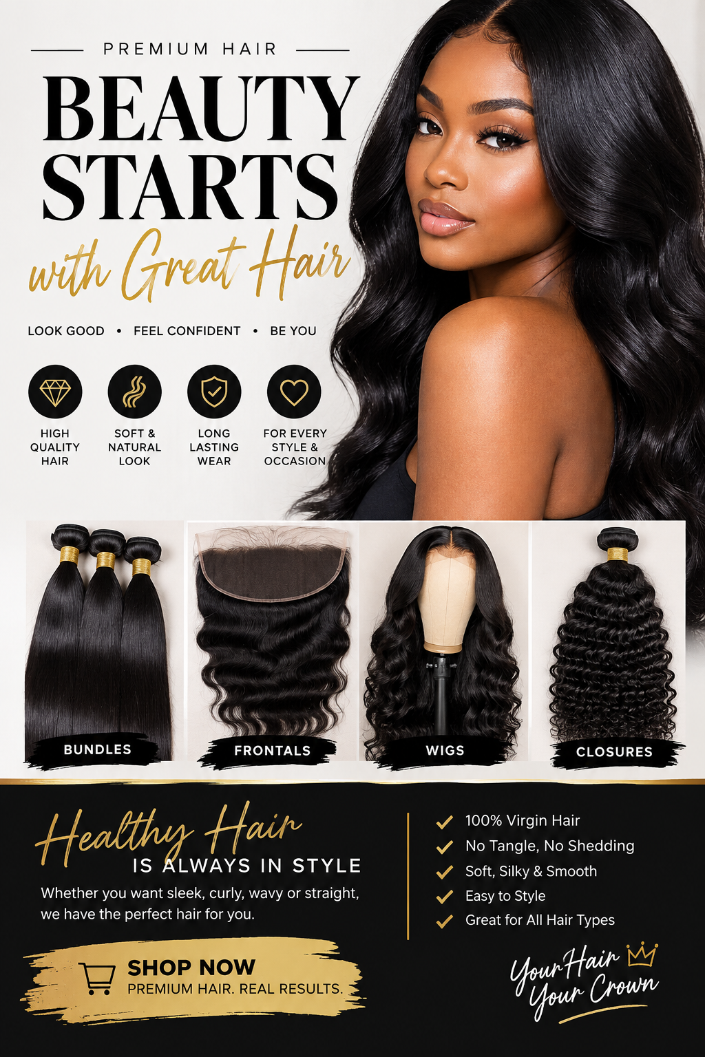 Premium wigs and braids collection showcasing bundles, frontals, wigs, and closures for your beauty needs.
