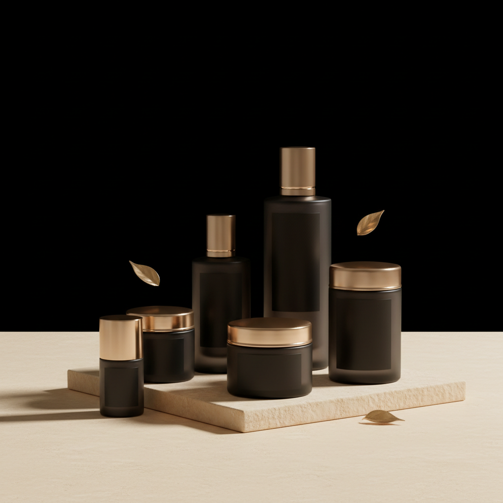 Aesthetic display of lotion and skincare essentials in elegant black packaging with gold accents.