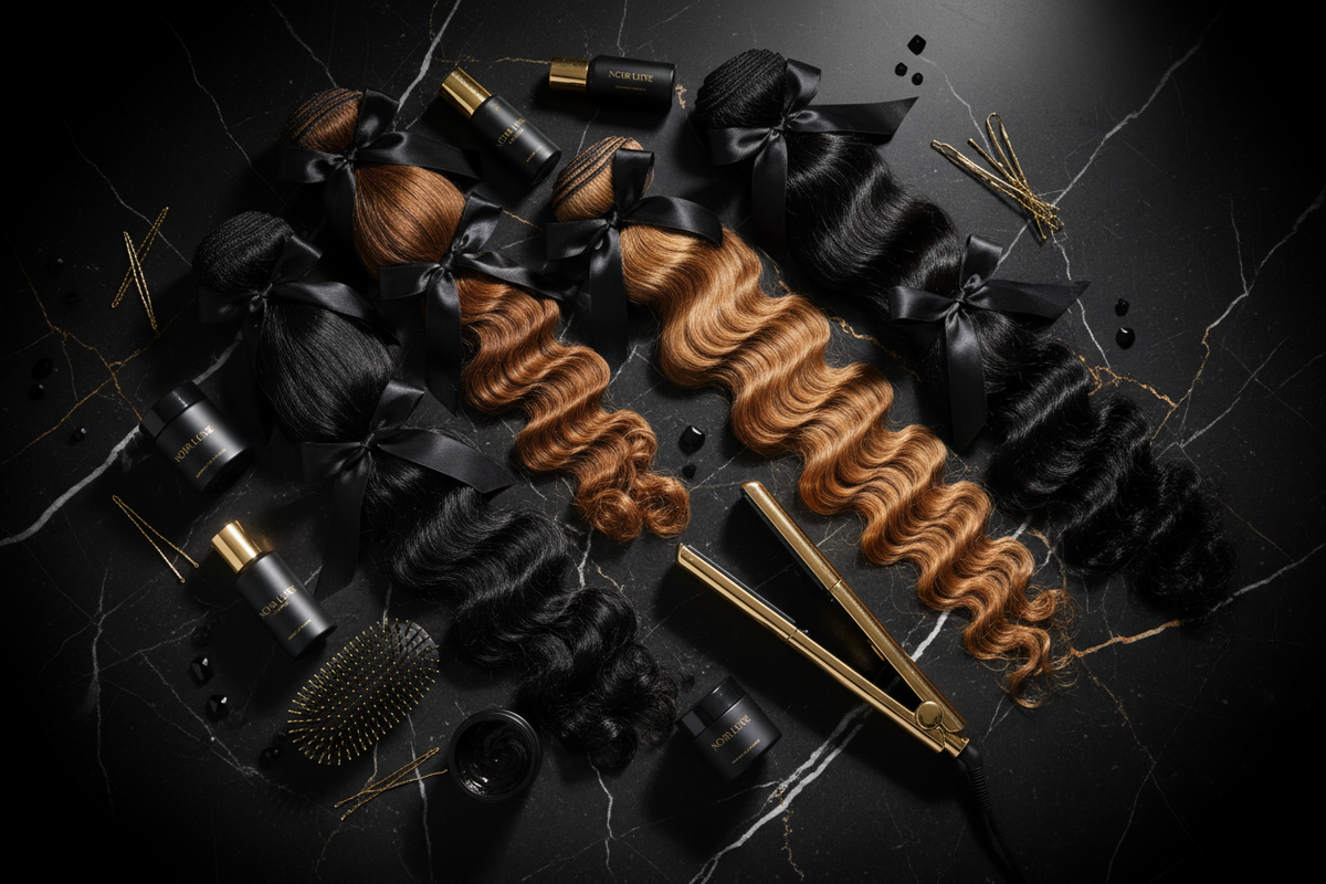 Luxury hair care products including extensions, styling tools, and nourishing serums on a marble surface.