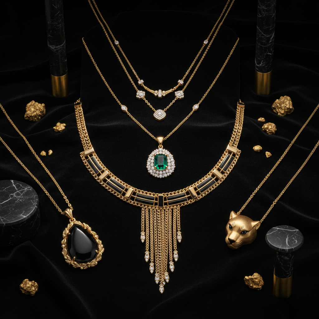 luxury jewelry accessories collection featuring elegant gold necklaces and intricate designs on a dark background.