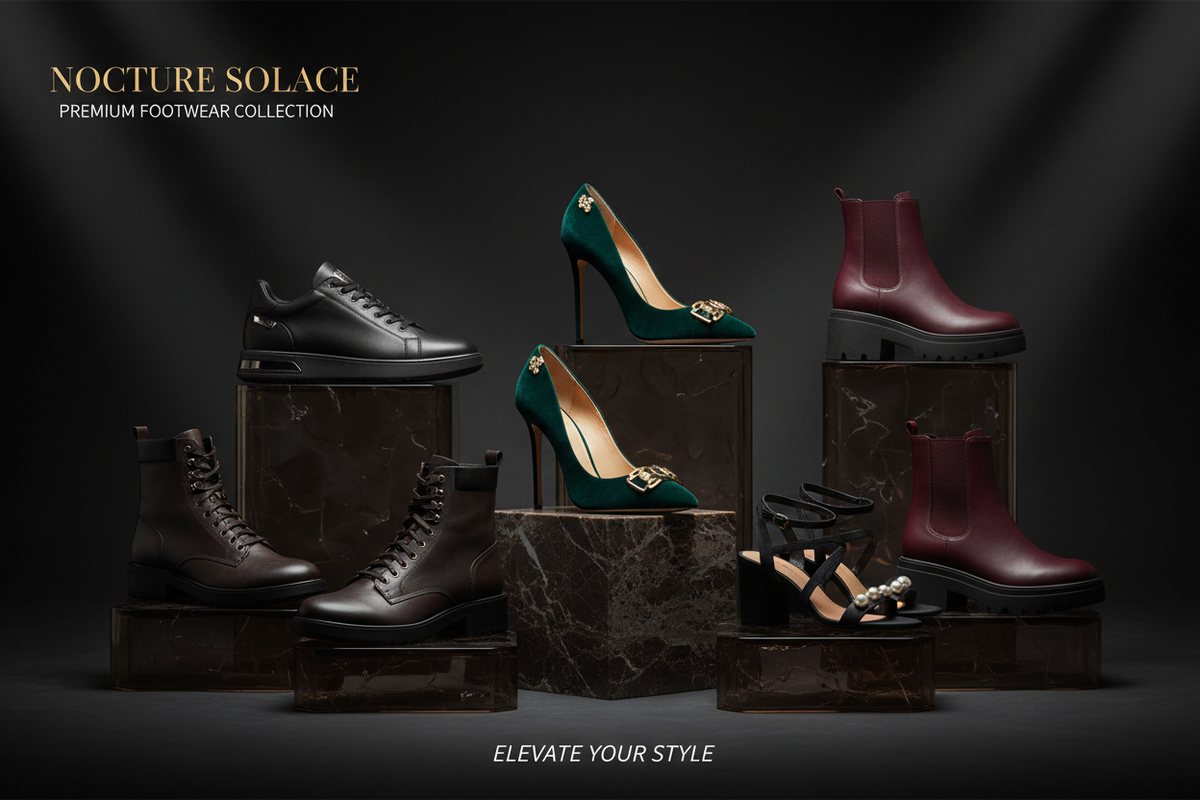 Premium luxury footwear collection displayed elegantly, featuring stylish boots, heels, and sneakers crafted for sophistication.