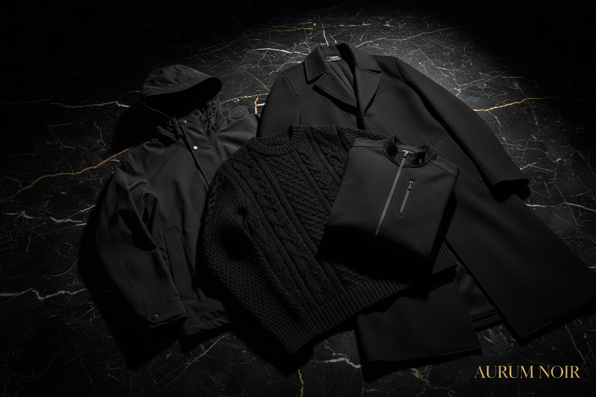 Stylish premium sweaters and jackets displayed on a dark marble background, featuring various textures and styles.