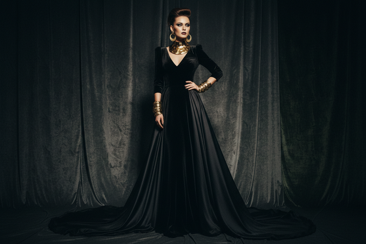 Elegant model in a long black gown showcasing our womens fashion outfits collection.