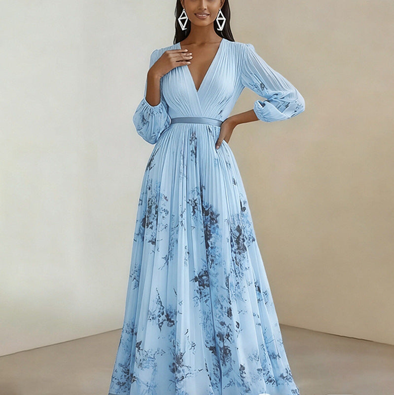 Floral Print V-Neck Pleated Dress