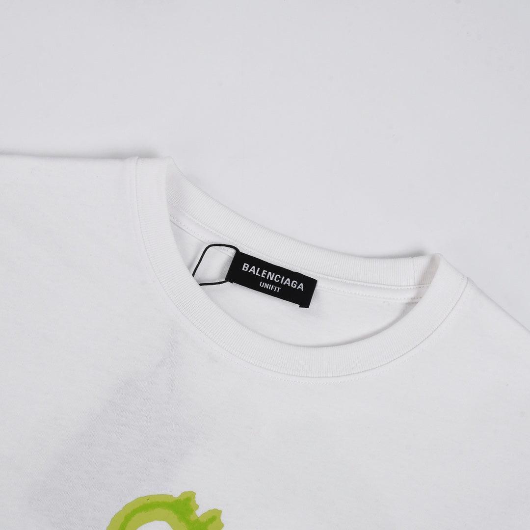 Balenciaga White &amp; Green T-Shirt Without Collar