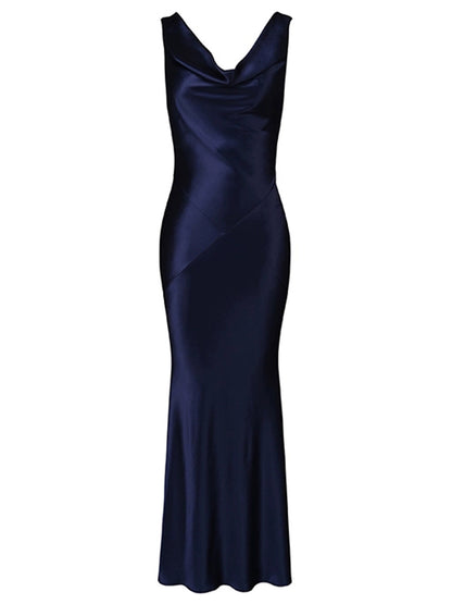Elegant Acetate Satin Dress with Draped Collar