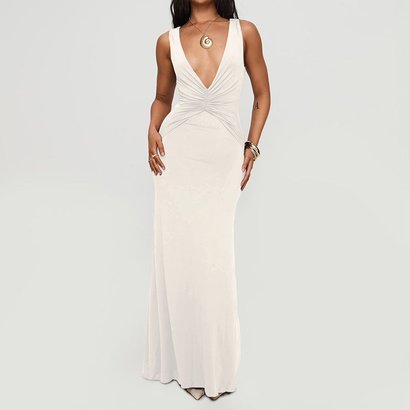 Milk Silk V-Neck Backless Fishtail Dress