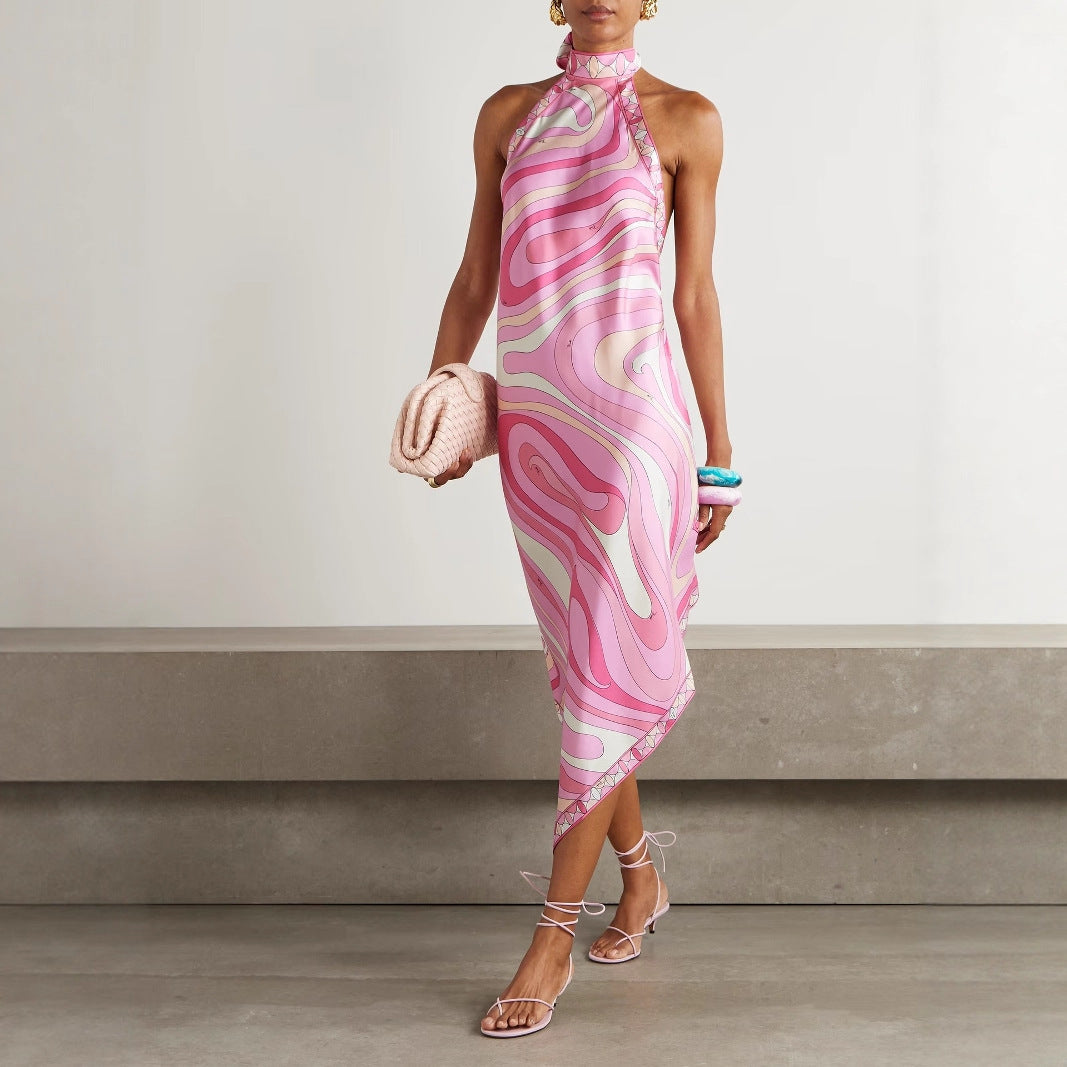 Women Sexy Halter Backless Printed Satin Dress Summer Vacation