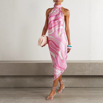 Women Sexy Halter Backless Printed Satin Dress Summer Vacation