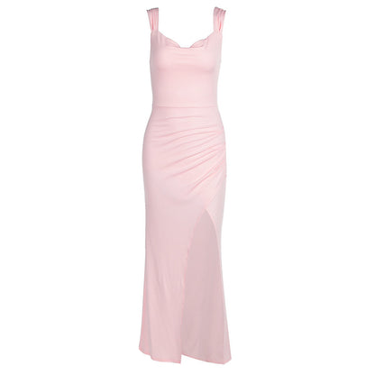 Sleeveless backless dress with adjustable ties and a fitted, slit design