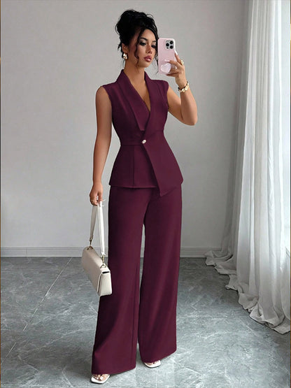 Women Sleeveless Suit and Straight Pants Two Piece Set