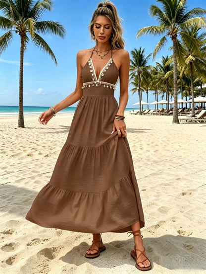 V-Neck Halter Tie Tassel Long Dress