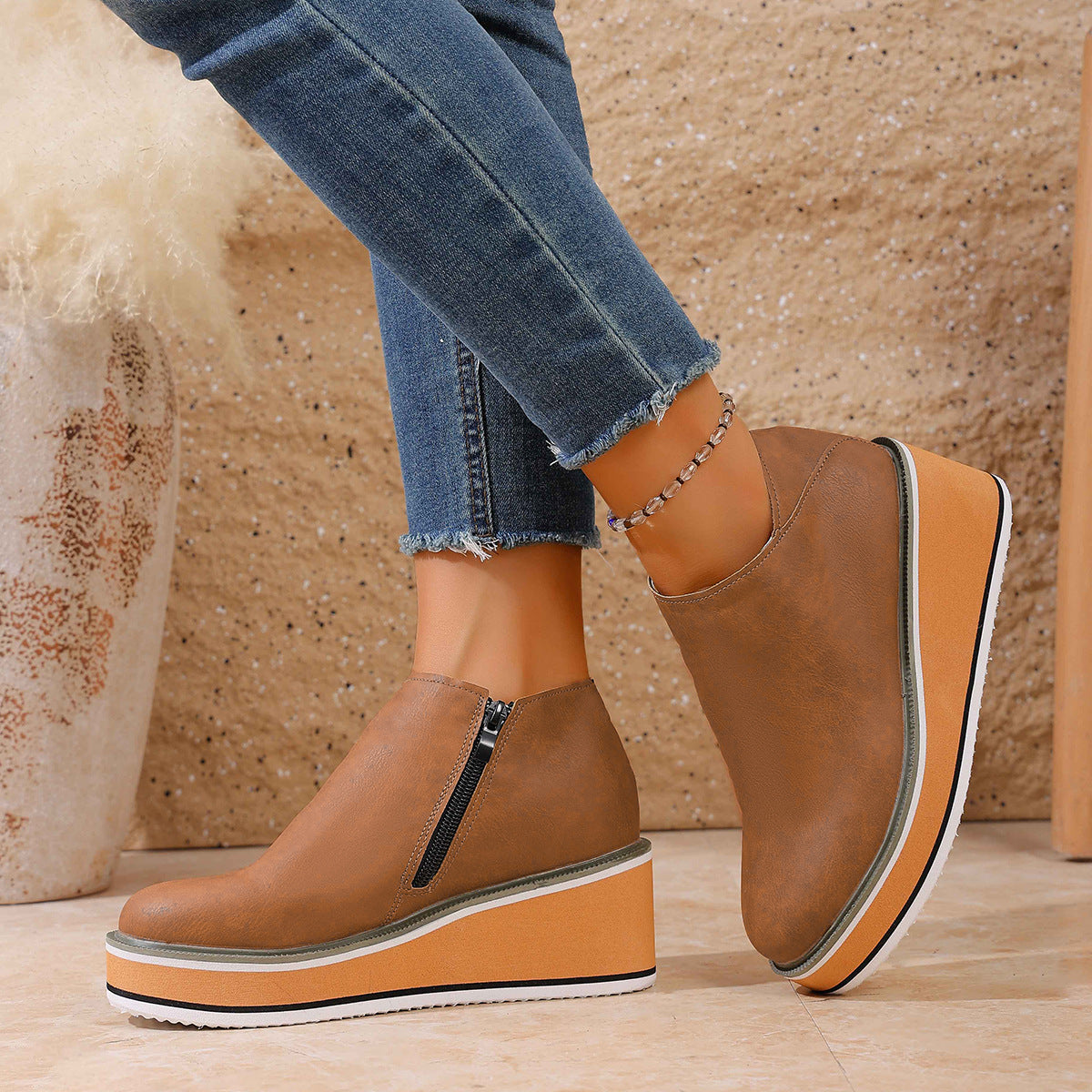 Womens Wedge Heel Ankle Boots Side Zipper Pointed Toe Comfortable Short Boots
