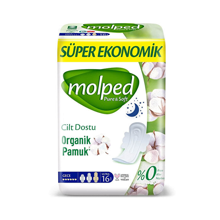 Molped Pure &amp; Soft Super Eco Night Pads - 16 Count | Organic Cotton