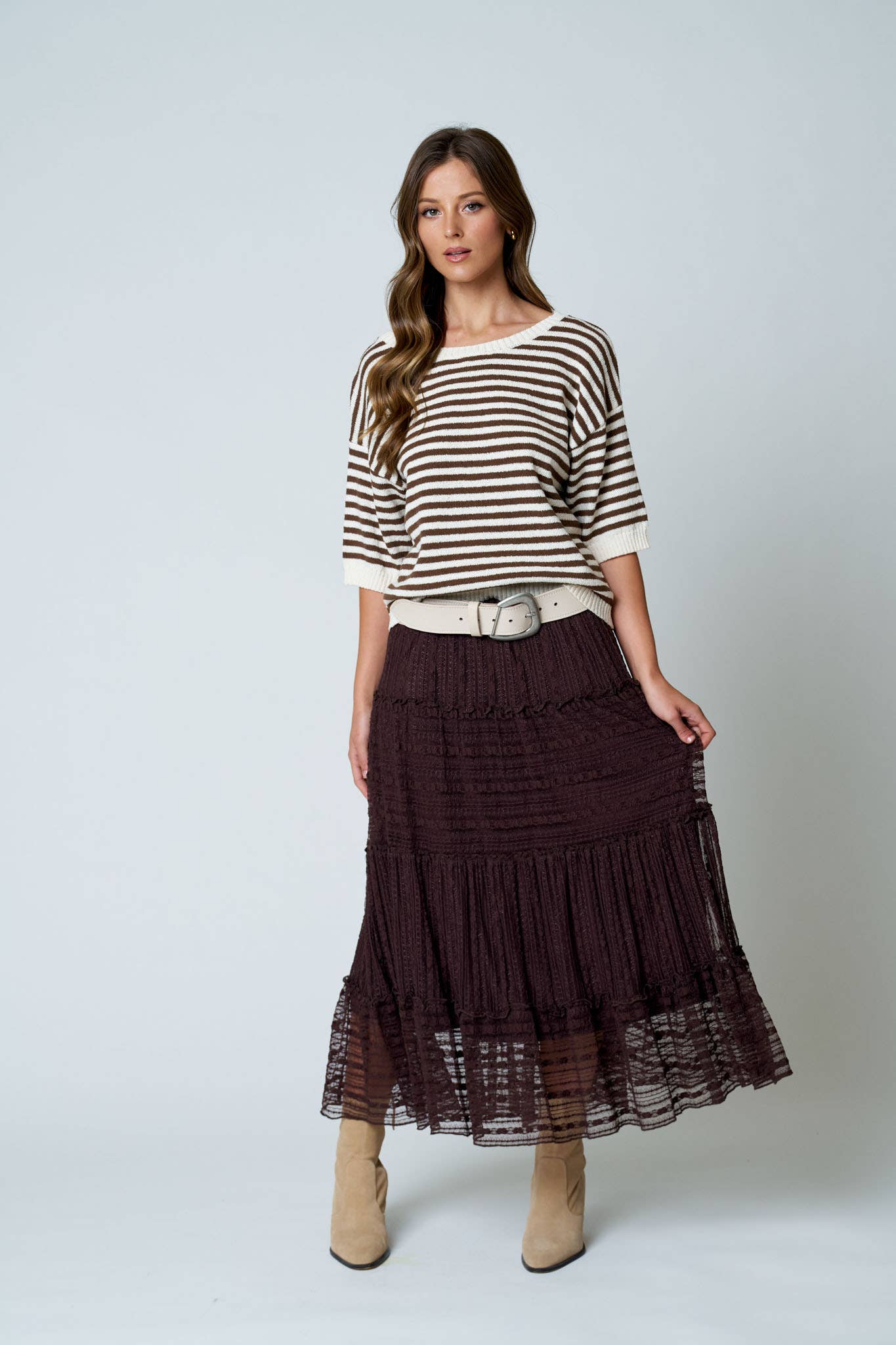 TEXTURED STRIPE RUFFLE TIERED MIDI SKIRT : CHOCOLATE BROWN
