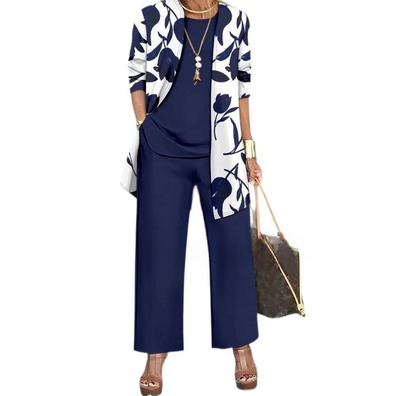 Womens Casual Printed Cardigan Long Sleeve Top and Pants Set