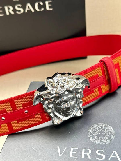 VERSACE La Medusa La Greca Belt In Red Silver