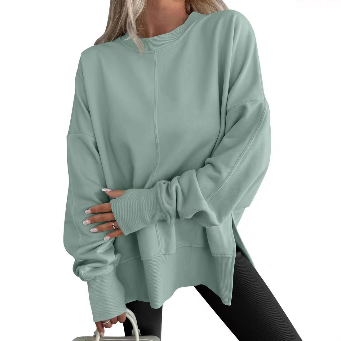 Womens Loose Bat Sleeve Side Slit Round Neck Fleece Lined Sweatshirt