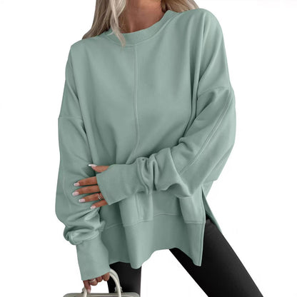 Womens Loose Bat Sleeve Side Slit Round Neck Fleece Lined Sweatshirt
