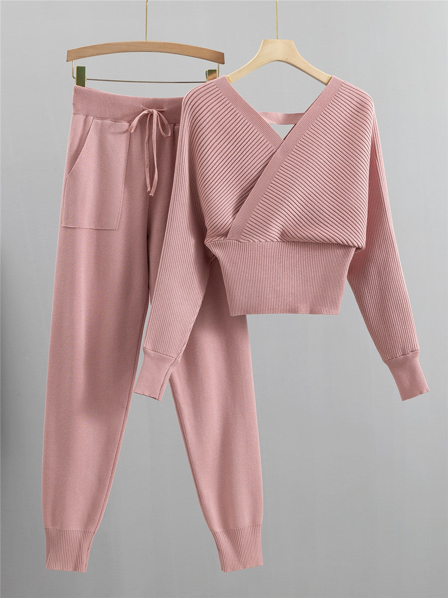 Women Double V Neck Off Shoulder Knitted Two Piece Suit