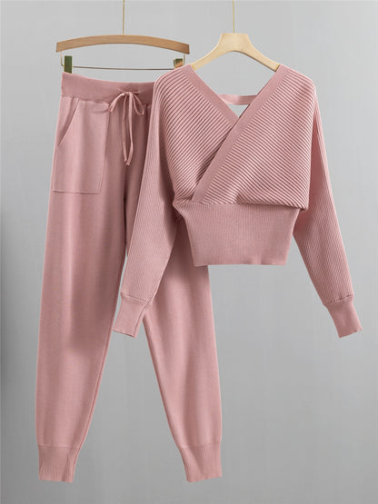 Women Double V Neck Off Shoulder Knitted Two Piece Suit