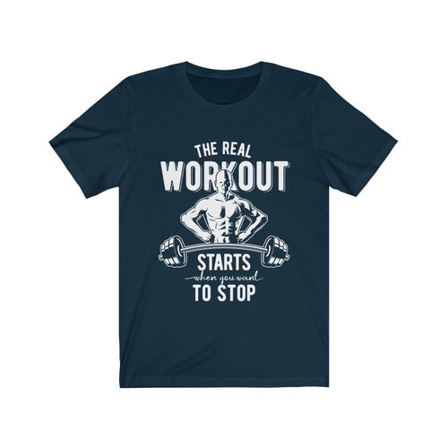 The Real Workout unisex soft cotton t-shirt with vinyl print, retail fit, made in USA
