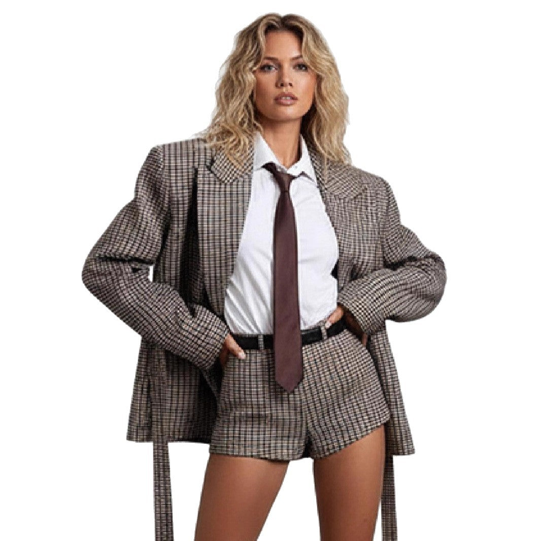 Houndstooth Brushed Suit Jacket and Shorts Set