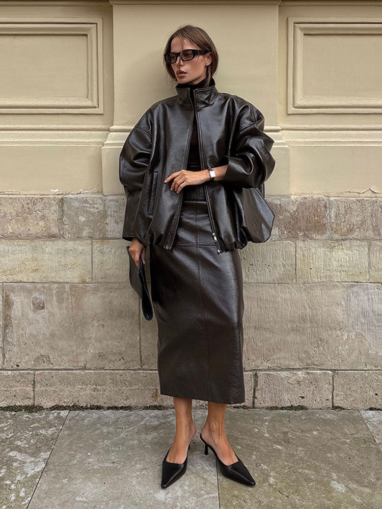 PU Leather Jacket and Skirt Set